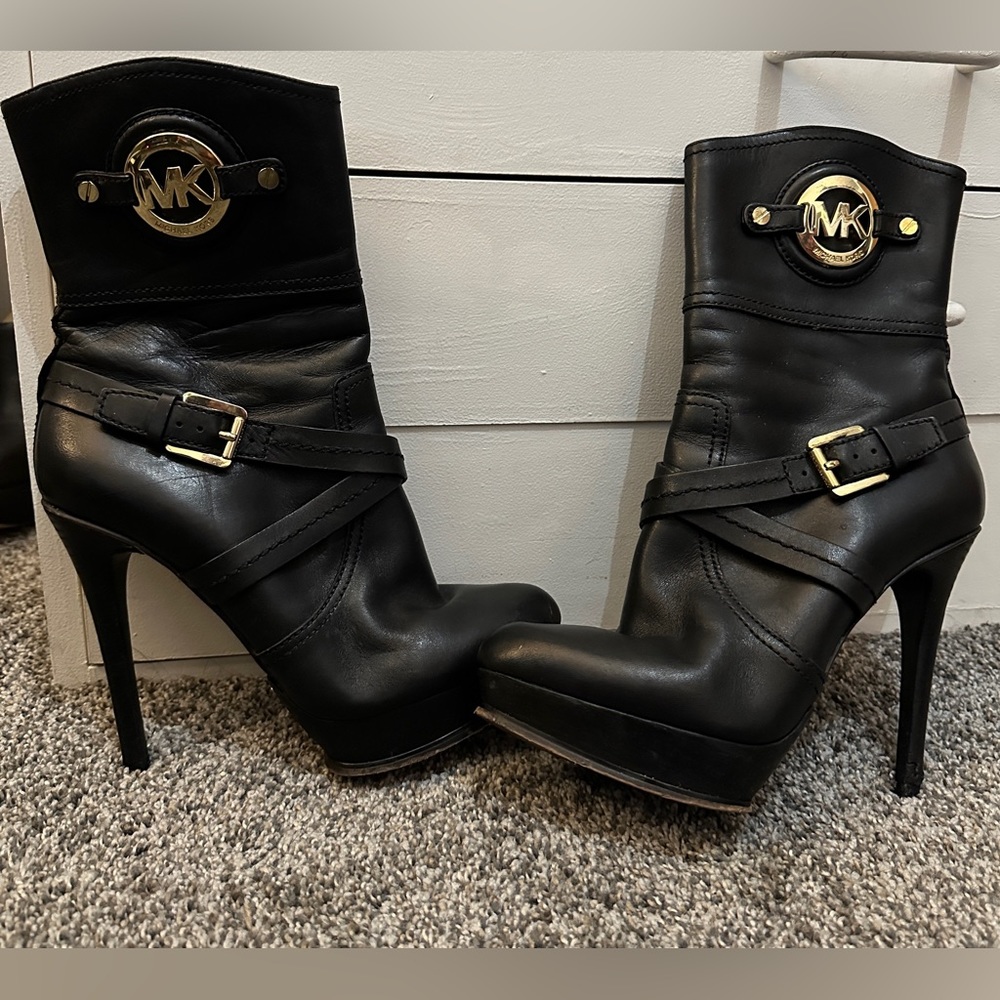 Michael Kors Stockard Platform Stiletto Black Leather Ankle Boots Booties